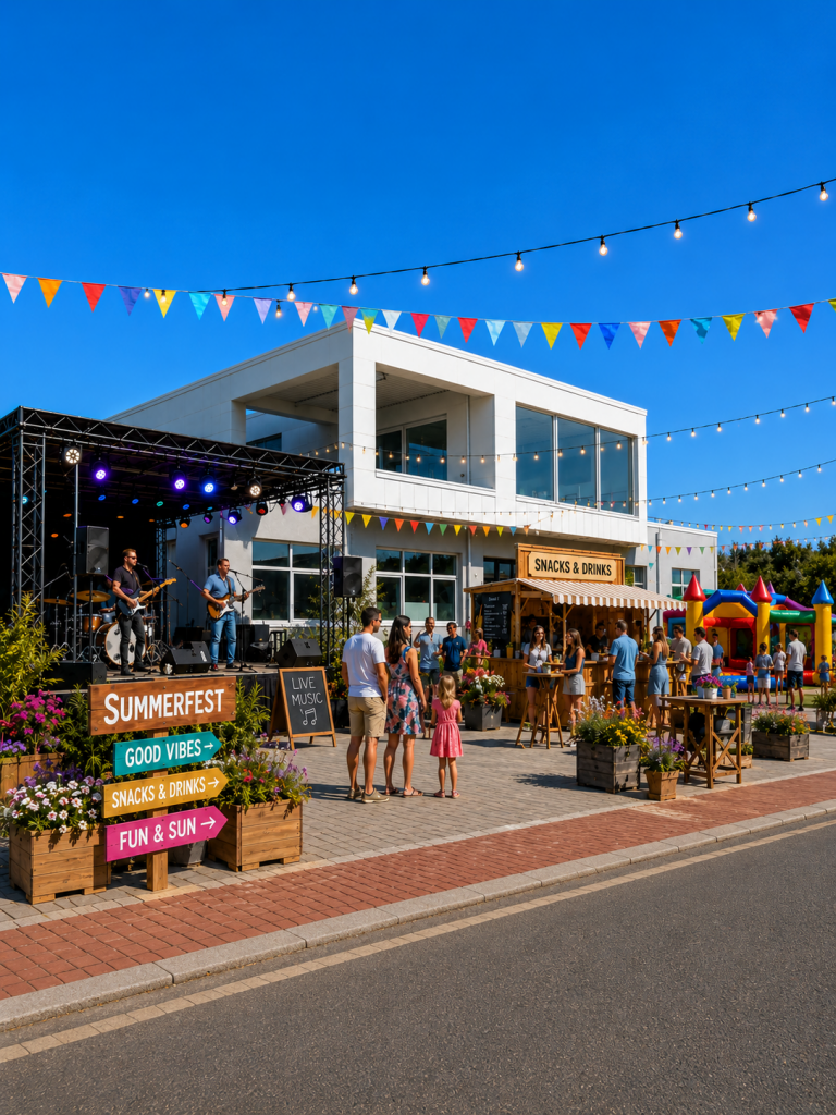 Bild zeigt Sommerfest bei Jakobi Immobilien die feiern. Blauer Himmel, Essensstände viele Menschen die eine gute Zeit bei Jakobi Immobilien haben. Bild wurde mit KI erstellt.