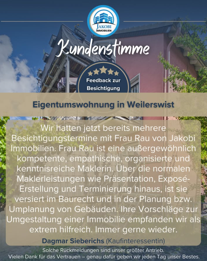 Kundenstimme einer Kaufinteressentin aus Weilerswist – 5 Sterne für Service und Betreuung – Jakobi Immobilien