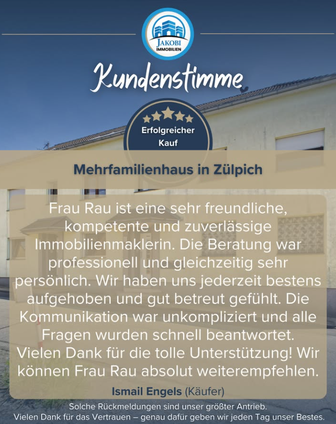 Kundenstimme zum erfolgreichen Immobilienkauf in Zülpich – 5 Sterne für Vanessa Rau – Jakobi Immobilien